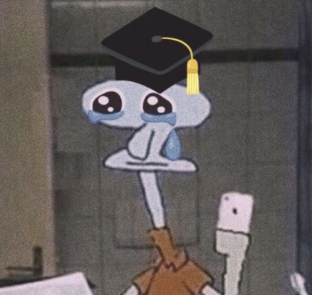A meme made out of Squidward's character from SpongeBob, where he is taking a selfie in the mirror crying with a graduation cap on. 